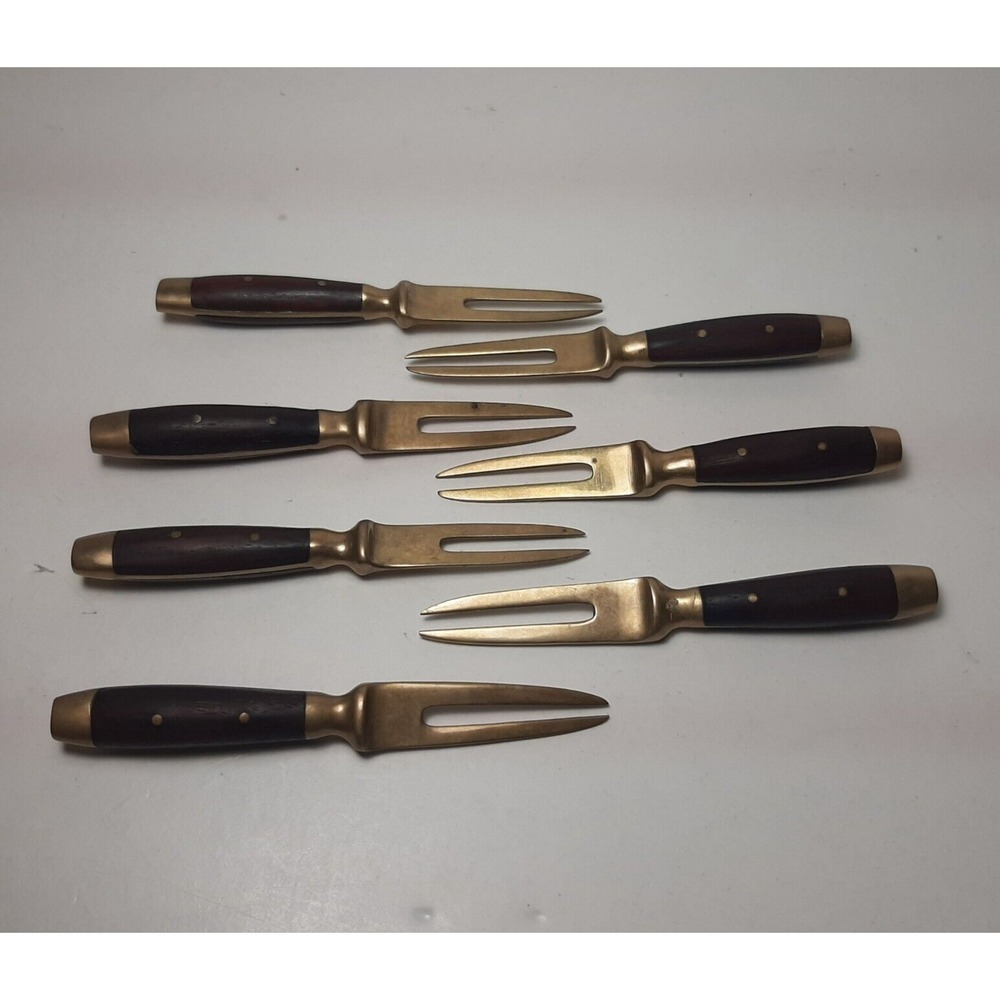 7 Vintage Brass Appetizer Cocktail Seafood Forks Skewers Wood Handles 3.5" Long